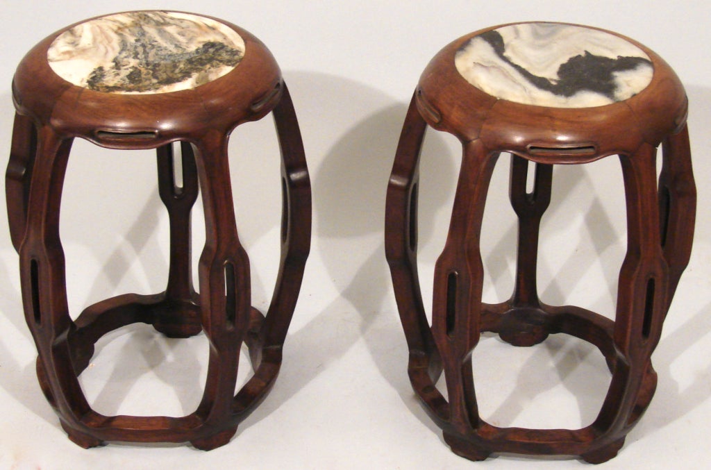 Elegant Pair of Chinese Hardwood and Marble Garden Seats