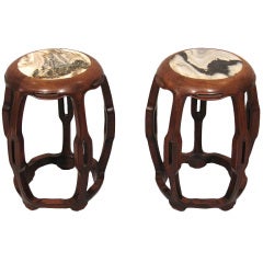 Elegant Pair of Chinese Hardwood and Marble Garden Seats