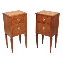 Pair of Italian Neoclassical Walnut Commodini with Marble Tops