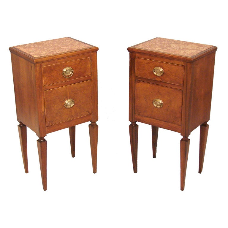 Pair of Italian Neoclassical Walnut Commodini with Marble 