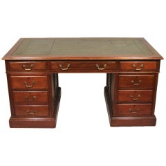 Antique English Leather Top Pedestal Desk with Paneled Sides
