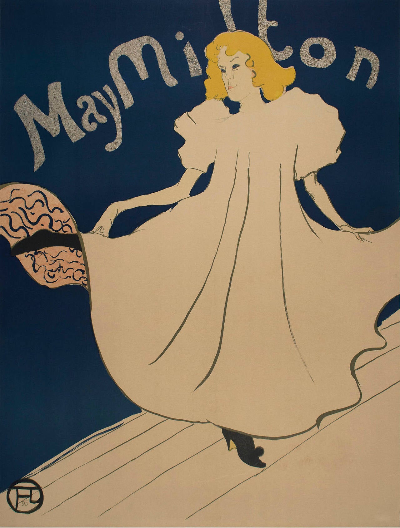 This elegant and simple poster by Toulouse-Lautrec of the young English performer, May Milton, was commissioned for her American Tour. Despite May Milton's distinctive lack of talent, the inherent technical skill of the design ensured the performer