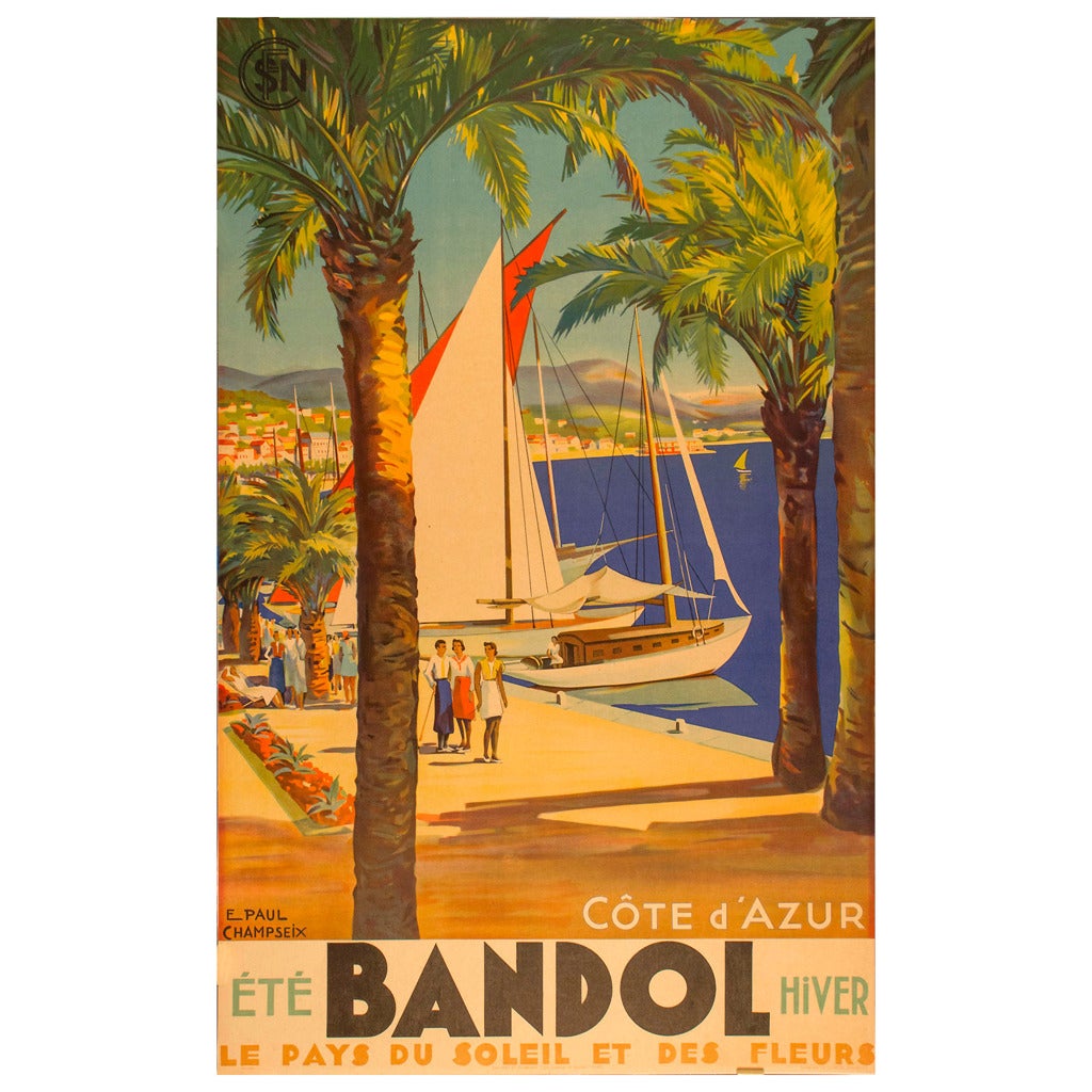 Original French Vintage Travel Poster for Bandol in the Cote d 'Azur