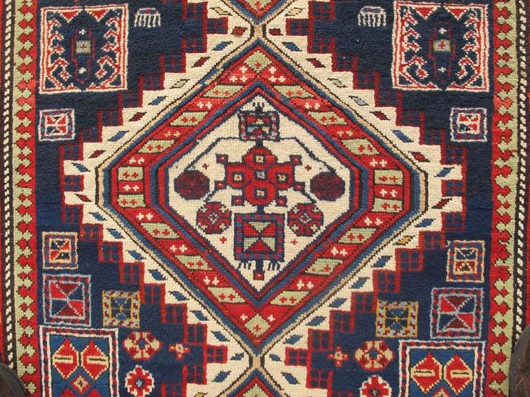 Late 19th Century Indigo Shirvan Long Rug with Red Palmettes 4