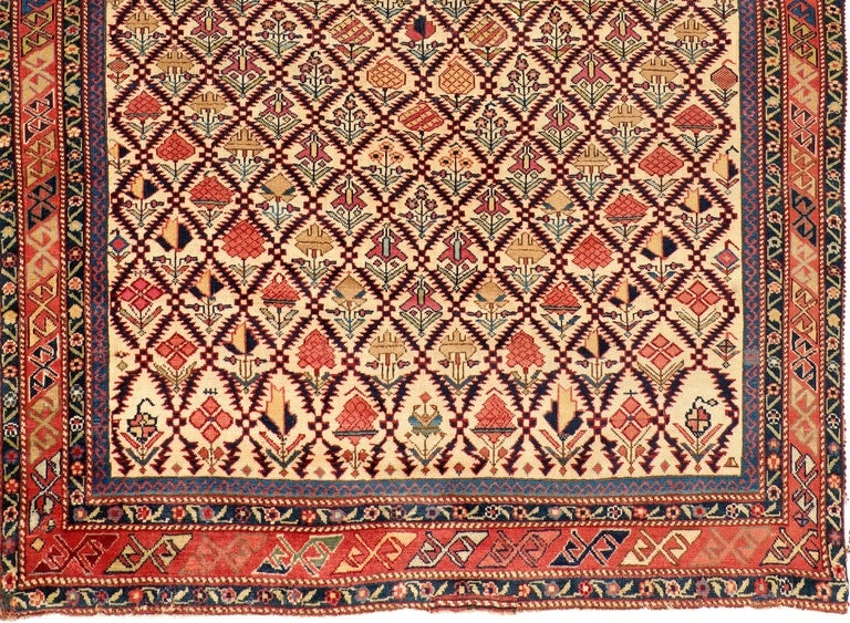 A very fine example of its type with closely cropped wool pile on a silk foundation. The coloration and drawing within the saffron yellow mihrab is particularly striking.