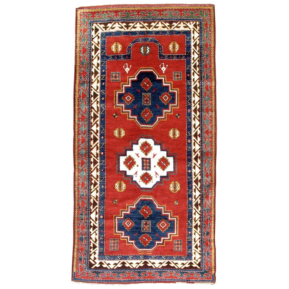 Late 19th Century Borjalu Kazak Red and Blue Caucasian Prayer Rug