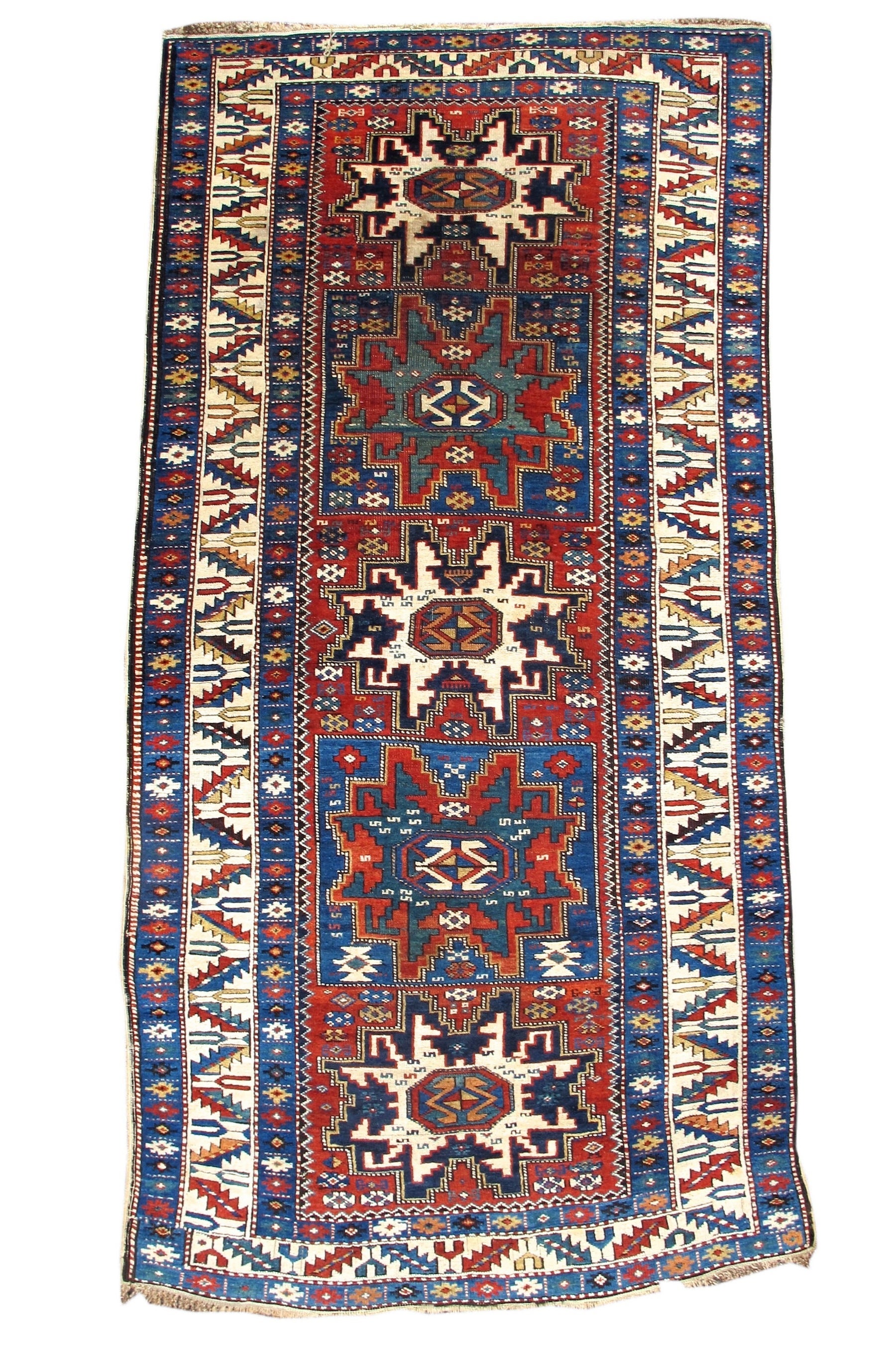 Late 19th Century Varied Red and Blue Lesghi Star Kuba Rug