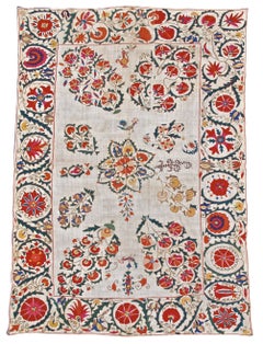 19th Century Floral White Nurata Suzani Textile Rug