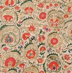 19th Century Light Floral Suzani Embroidered Textile Rug