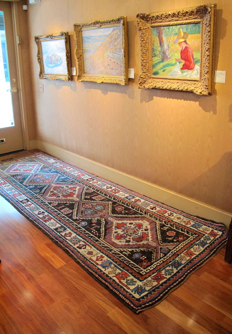 Azerbaijani Late 19th Century Transcaucasian Runner Rug with Brown and Blue Field For Sale
