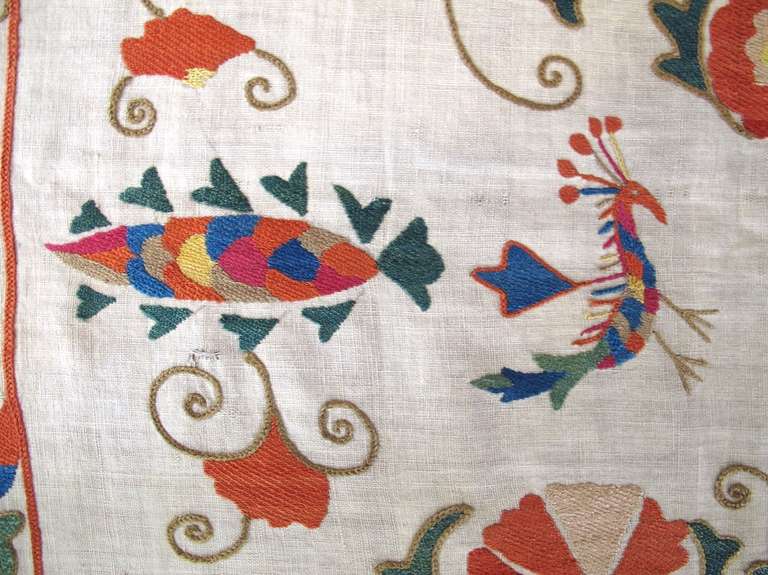 19th Century Floral White Nurata Suzani Textile Rug 2