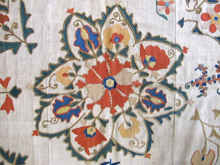19th Century Floral White Nurata Suzani Textile Rug 1