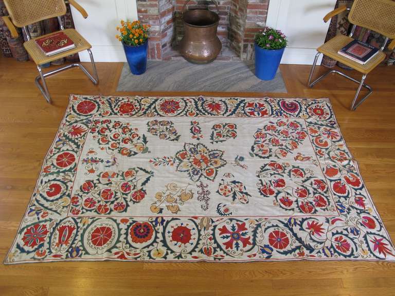 19th Century Floral White Nurata Suzani Textile Rug