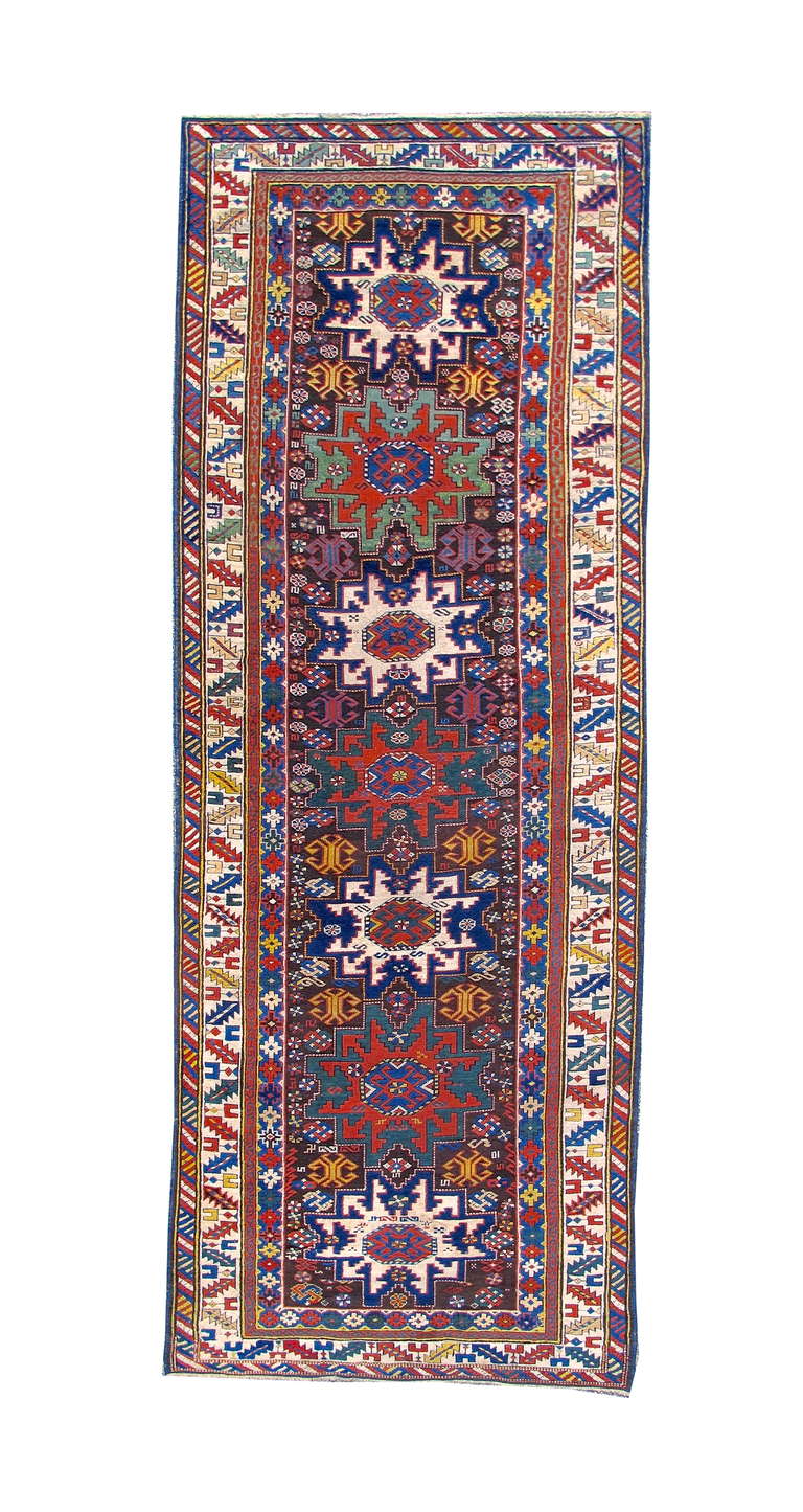 Late 19th Century Lesghi Star Caucasian Runner Rug with Seven Stars 4