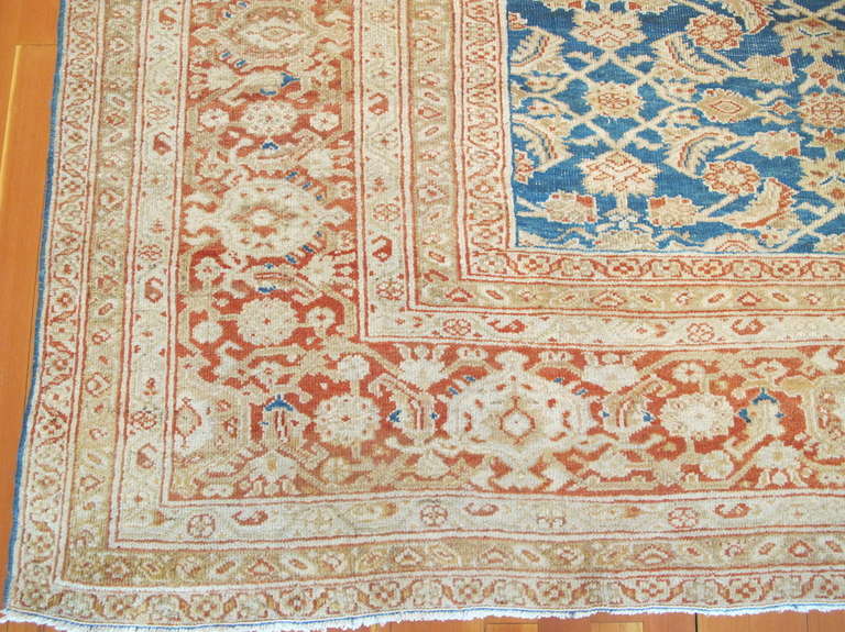 The finely detailed drawing of ornament in both the field and borders of this Sultanabad carpet melds a pairing of complementary contrasting colors. Ocher and cream hues frame a light-blue ground with hints of each accenting the other. The all-over