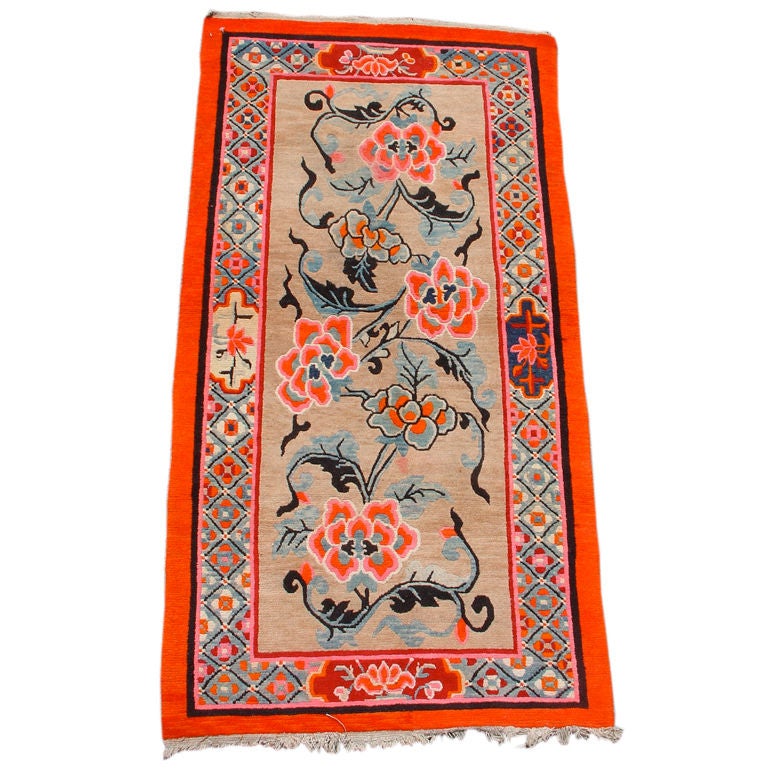 Vieux tapis tibétain fleur de lotus aux couleurs vives
