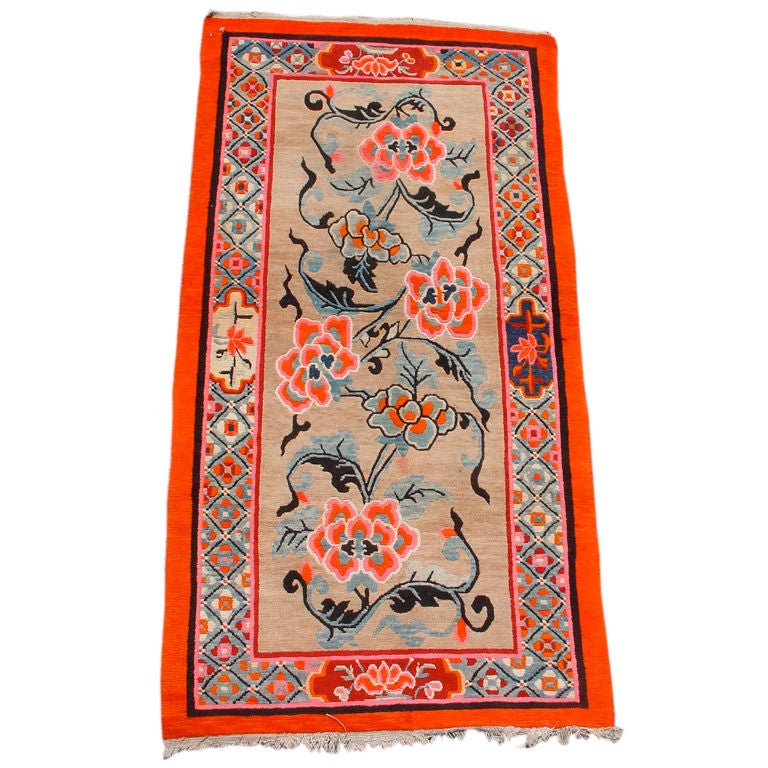 Vintage Brilliantly Hued Lotus Blossom Tibetan Rug For Sale