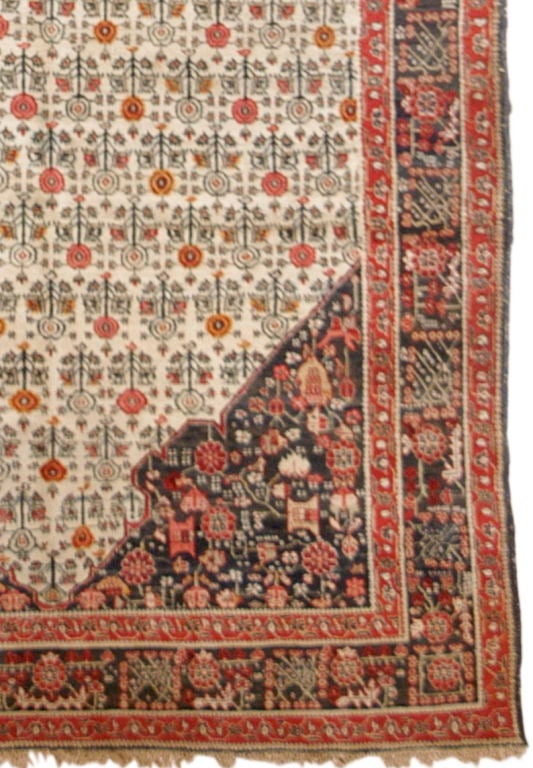 The ivory background and ruby-red accents of this 19th century Agra corridor carpet reflect its Mughal Indian heritage. Flowers in a Perianate style are drawn in two directions emanating from the center enhancing the over-all directionality of the