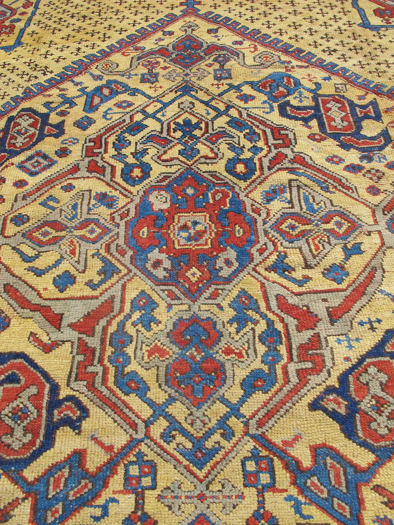 Hand-Knotted Early 19th Century Madder Red Turkish Oushak Carpet with Golden Ivory Field