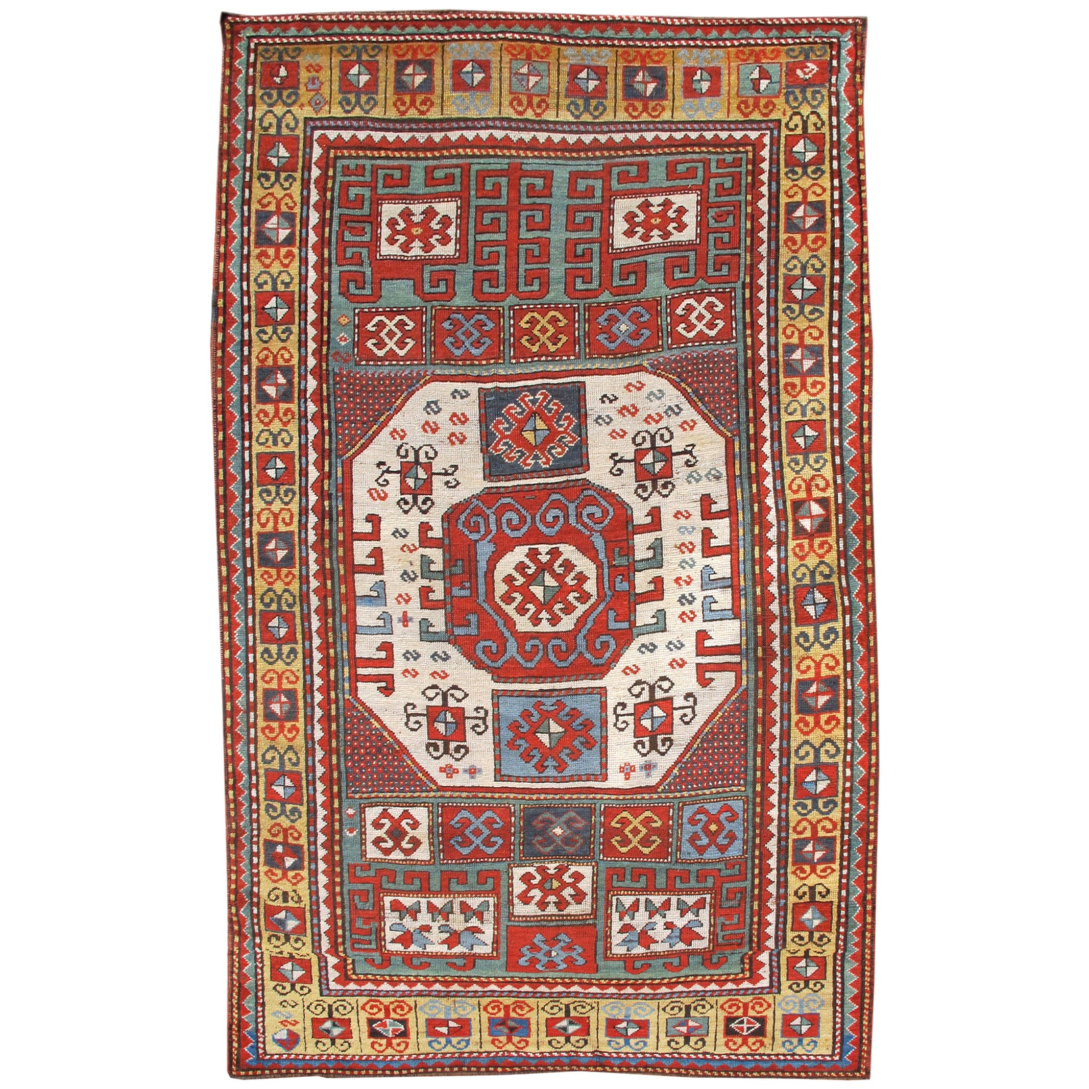 Late 19th Century Karachopf Kazak from the Caucasus with Large White Medallion For Sale