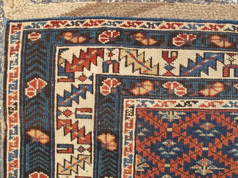 19th Century Blue, Red, and Ivory Caucasian Kuba Rug For Sale 2