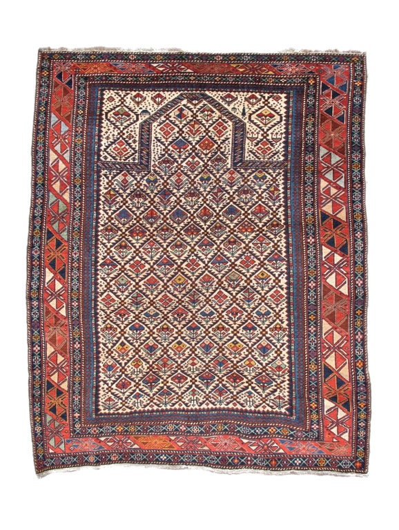 This Shirvan prayer rug was woven in the south-east Caucasus. The natural vegetal colors used are diverse and richly saturated. The ivory field classically showcases the variety of floral elements arranged within an over-all lattice and is