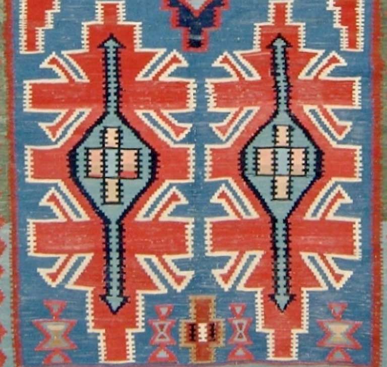 Wool Late 19th Century Red and Blue Kuba Caucasian Kilim Rug