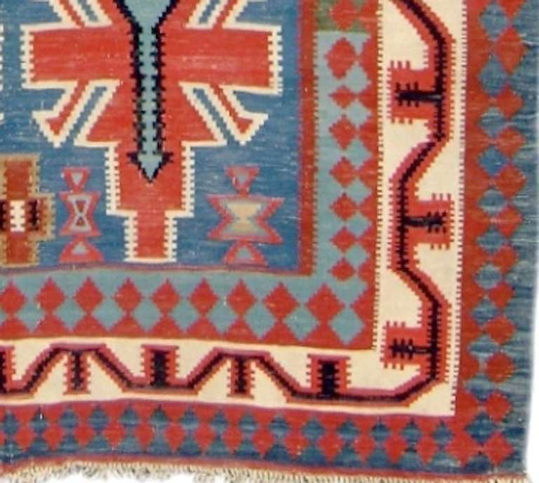 Late 19th Century Red and Blue Kuba Caucasian Kilim Rug In Good Condition In San Francisco, CA