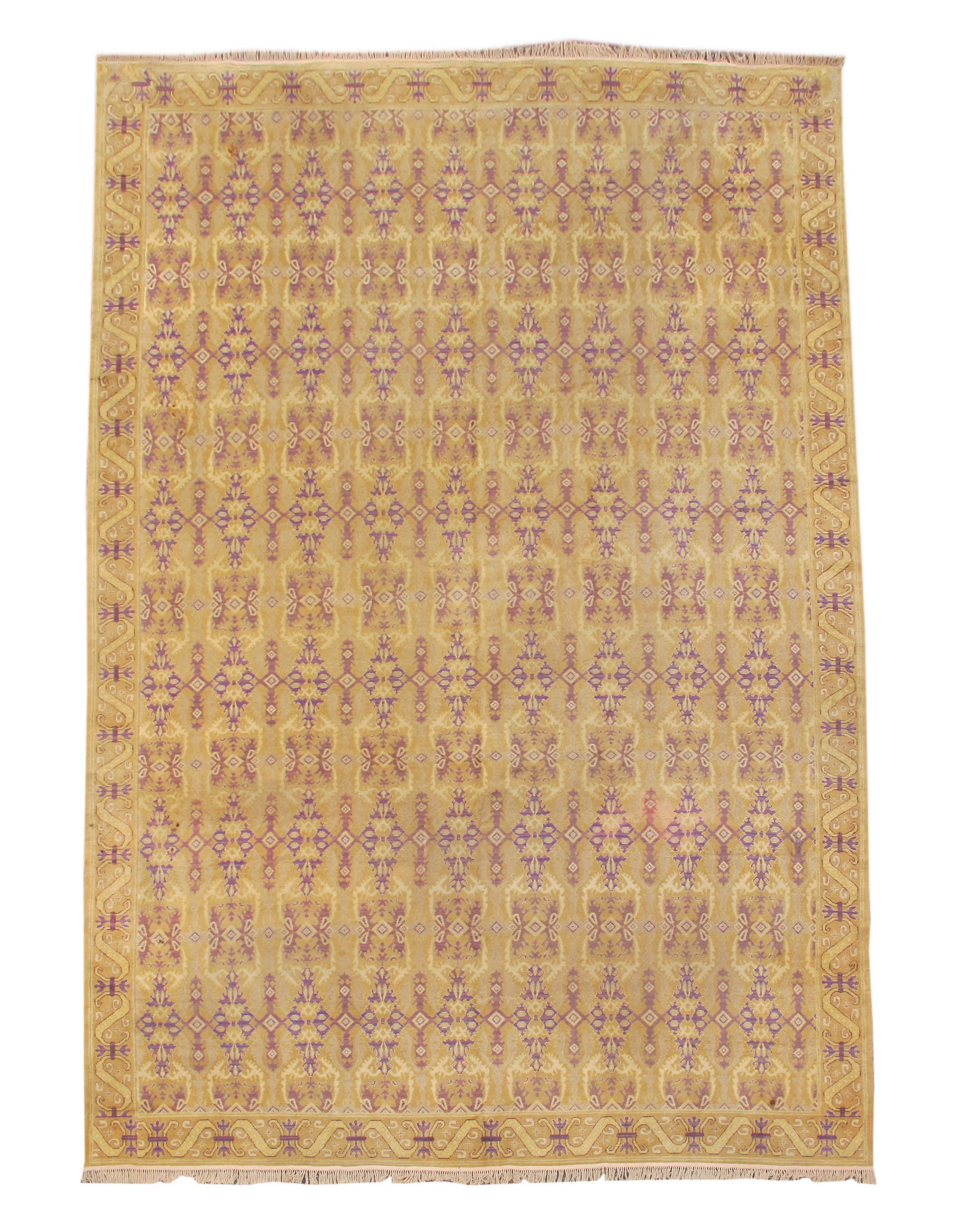Goldfarbener spanischer Teppich des frühen 20. Jahrhunderts mit Voilet-Muster im Angebot