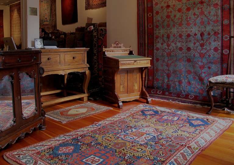 This dynamic weaving from the north Caucasus shows many of the characteristics associated with a group of rugs now known as Zakatala. This group has become increasingly popular with collectors of Caucasian rugs but is still little understood. This