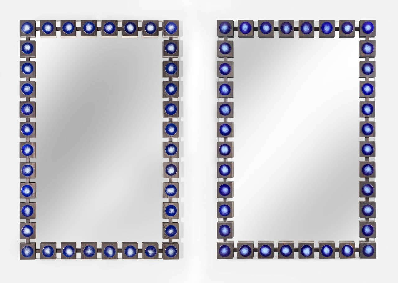 Ab Glass and Tra, a Pair of Large Enameled Copper and Wood Mirrors at