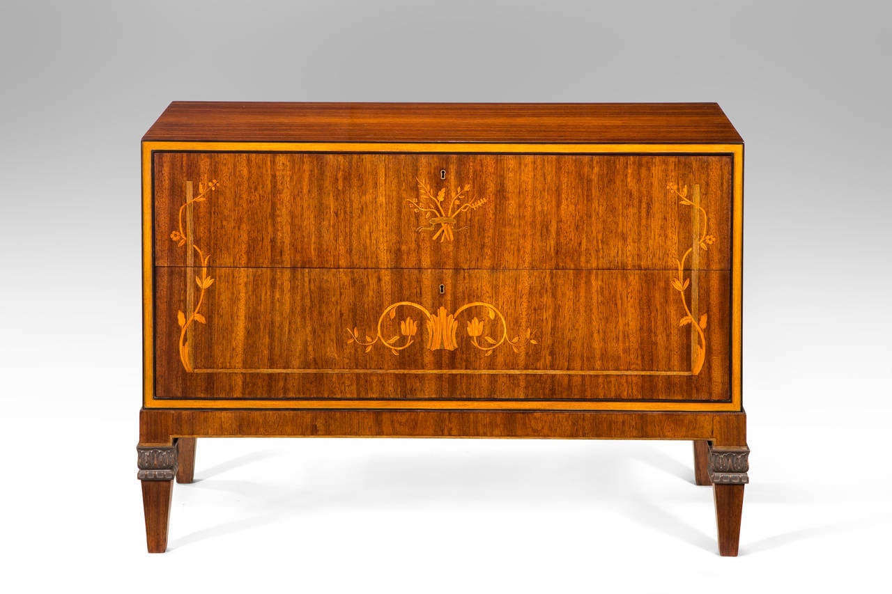 Art Deco Gustav Bergstrom, A Pair of Swedish Kingwood and Marquetry Commodes