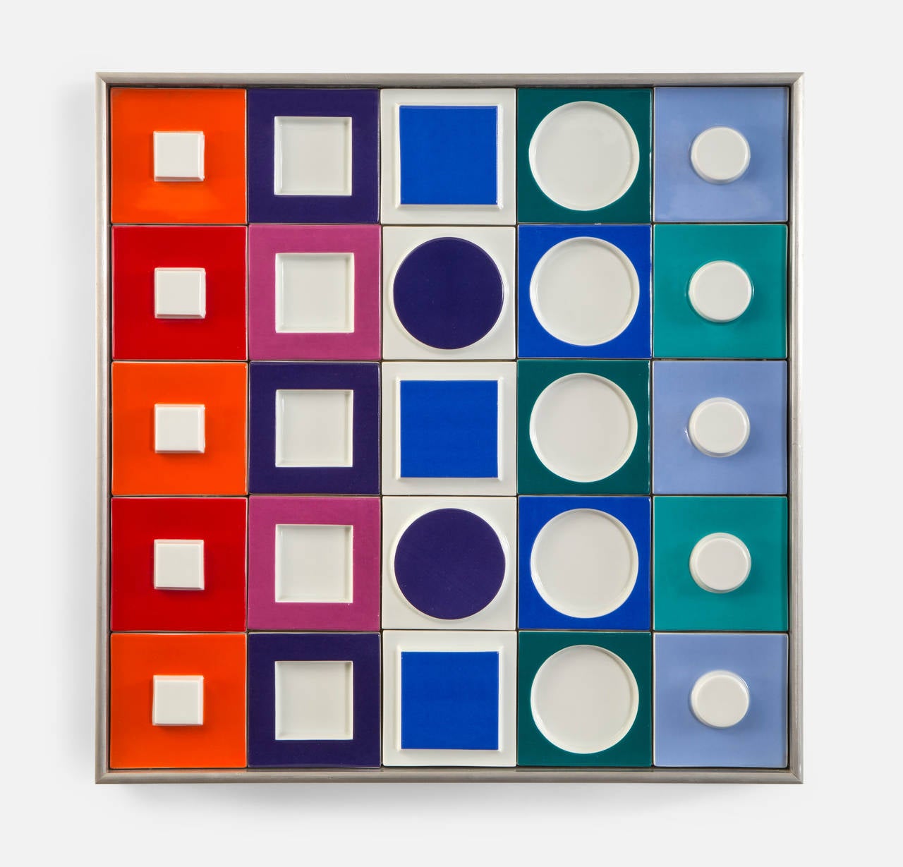 The twenty five square ceramic tiles in polychrome geometric patterns within an aluminum frame. Signed and numbered: 3/50 and 8/50.