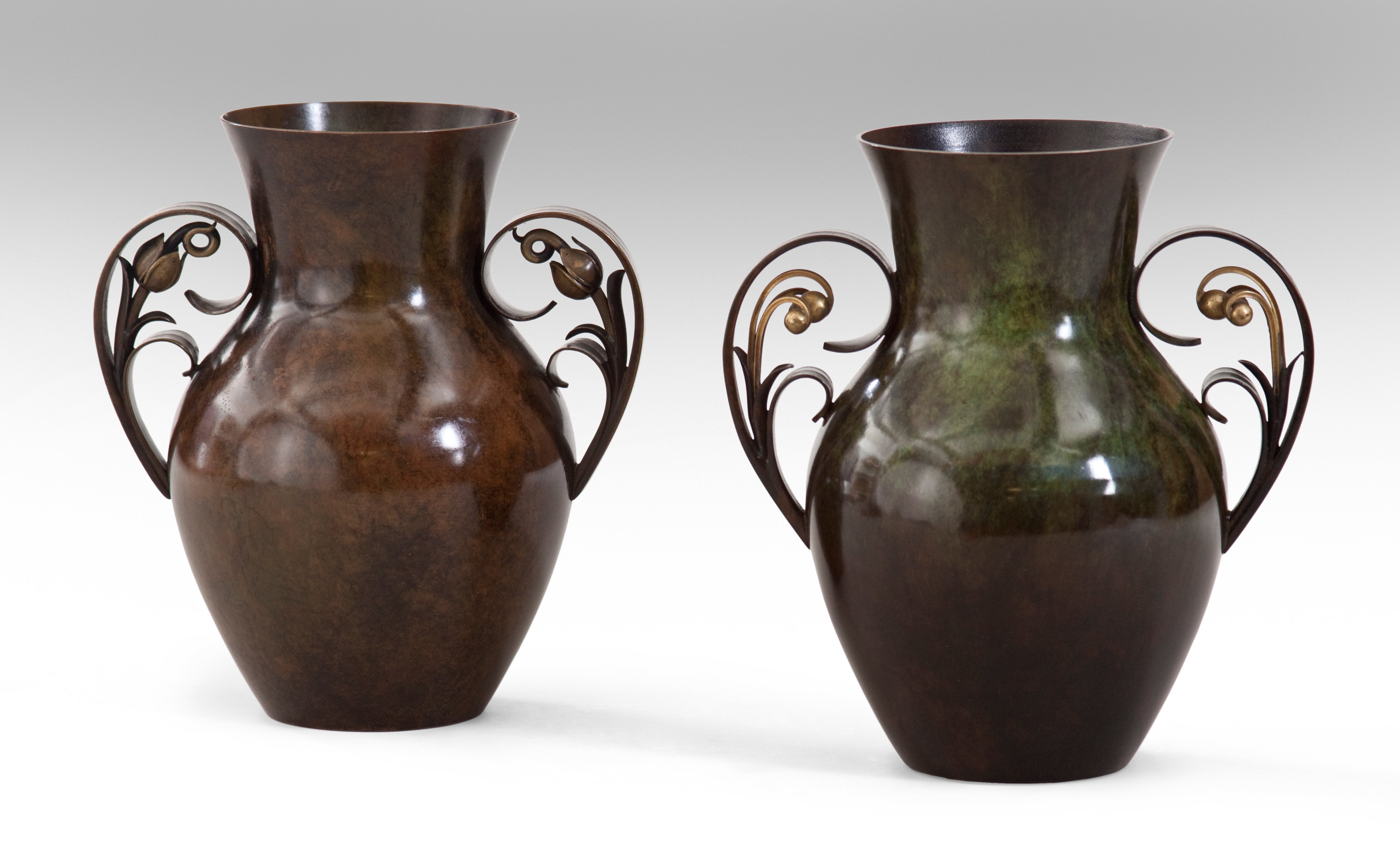 A Complementary Pair of Danish Patinated Bronze Vases by Ildfast