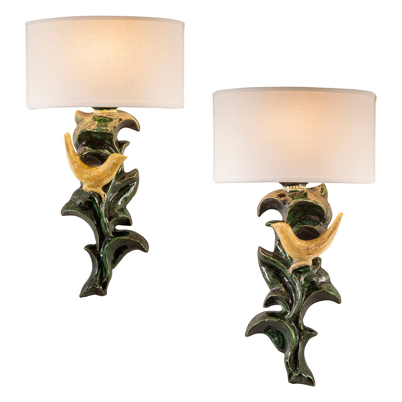 Paul Pouchol, a Pair of French Mirror-Image Faience Sconces