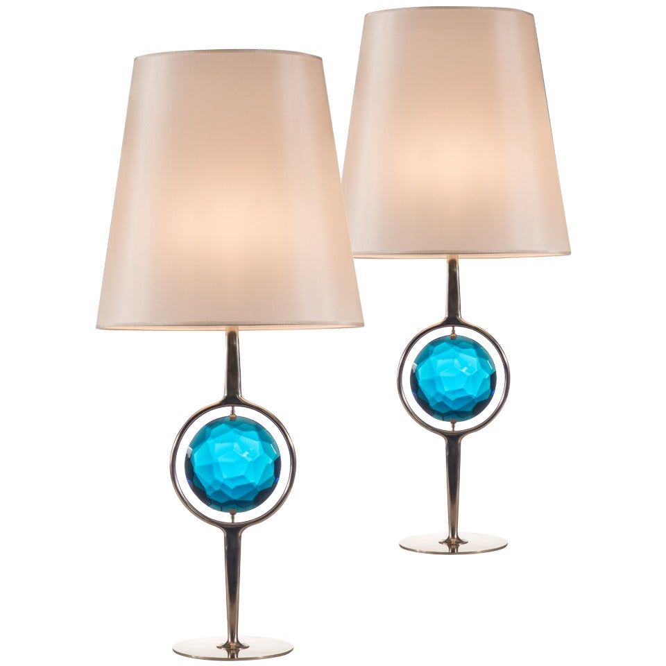 Roberto Rida: A Pair of Unique Blue Glass and Nickel Lamps