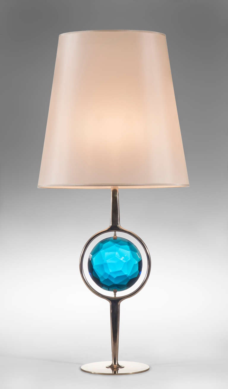 Modern Roberto Rida: A Pair of Unique Blue Glass and Nickel Lamps