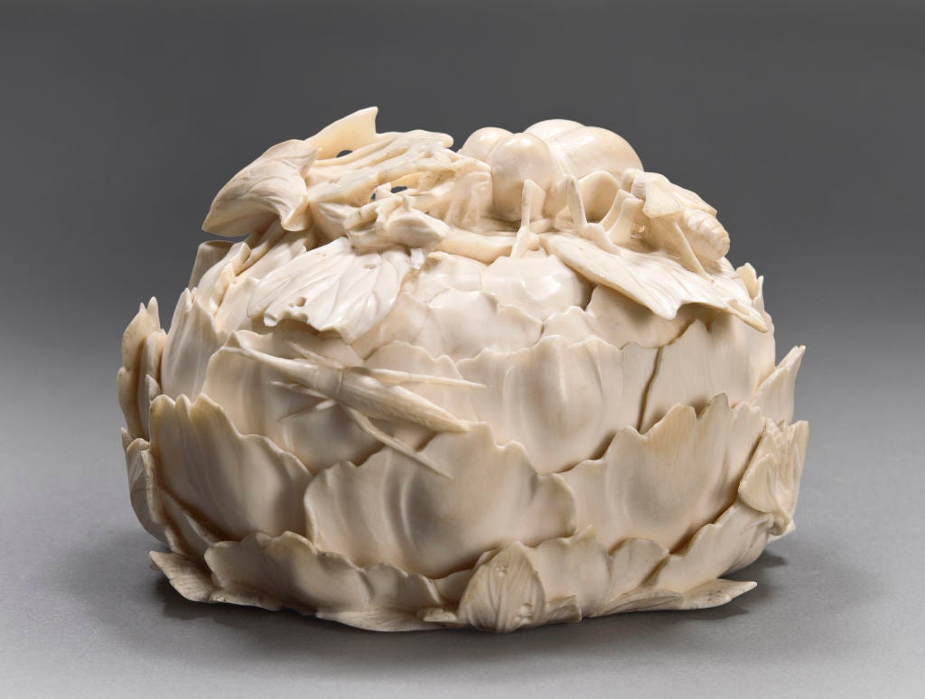 An Extraordinary Japanese Carved Ivory LIdded Box