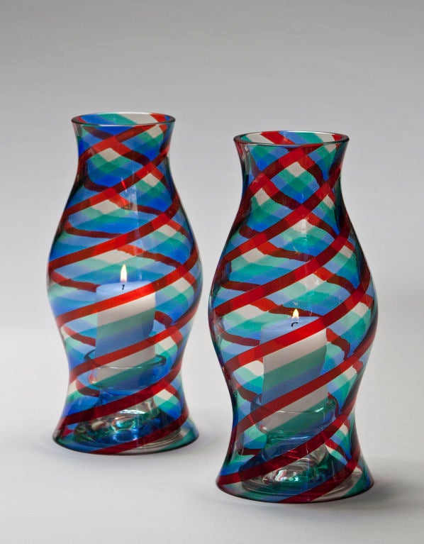 Each of baluster form with spiral banding of red, blue, green, and colorless Fasce Ritorte glass, with original candleholders. <br />
<br />
Fulvio Bianconi (1915-1996) was a multitalented artist, working in glass, paint and the graphic arts. At