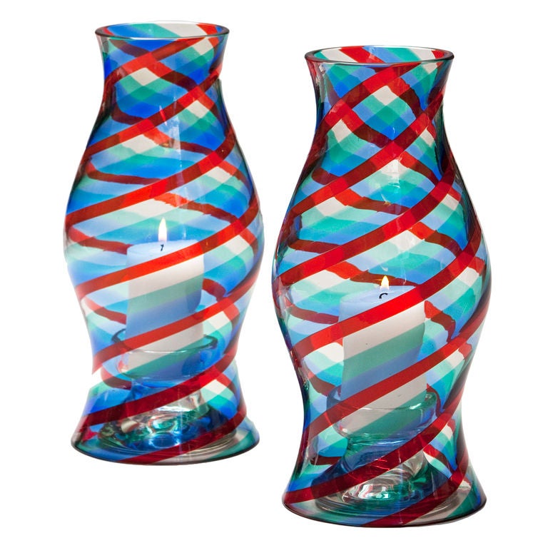 A Pair of Glass Hurricane Lamps by Fulvio Bianconi for Venini