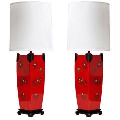 A Pair of Japanese Mother-of-Pearl and Red Lacquer Lamps