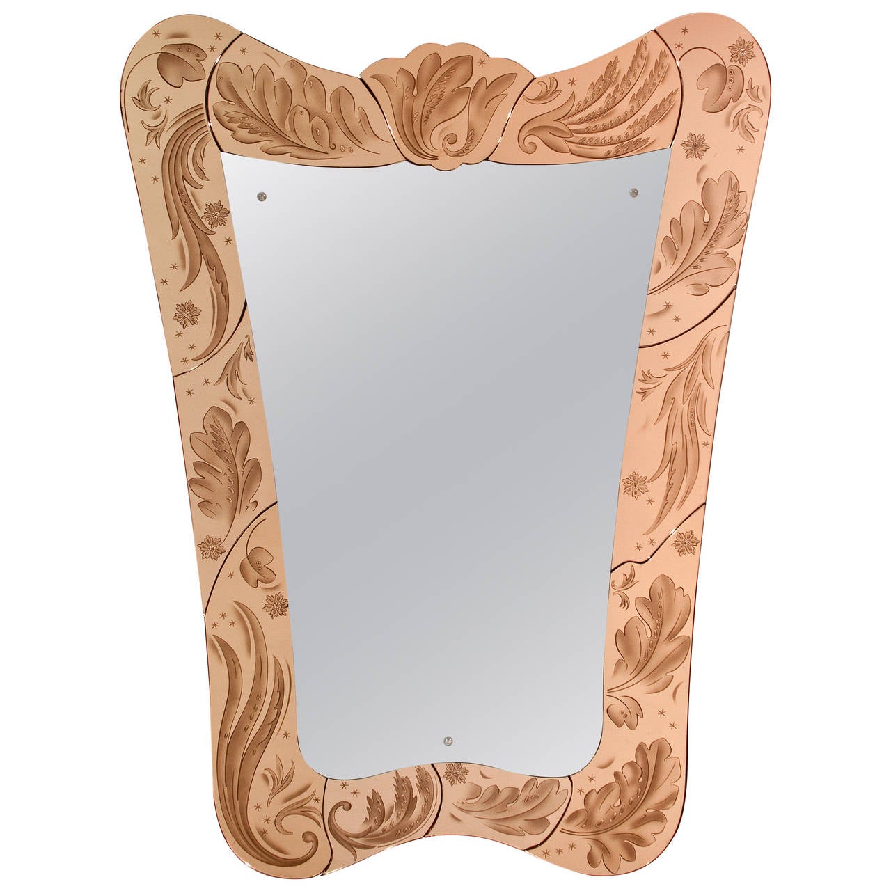 Pietro Chiesa For Fontana Arte A Large Incised Rosambrato Glass Pietro Chiesa For Fontana Arte A Large Incised Rosambrato Glass Framed Mirror
