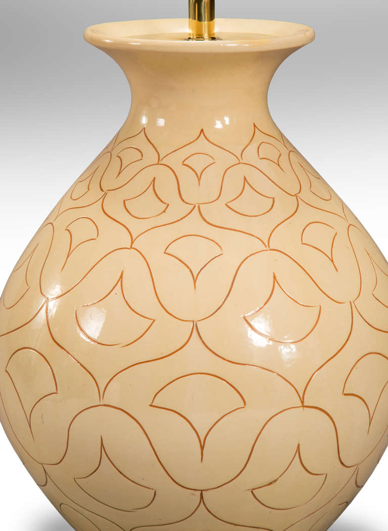 Scandinavian Modern Kahler: Large Incised and Glazed Ceramic Lamp