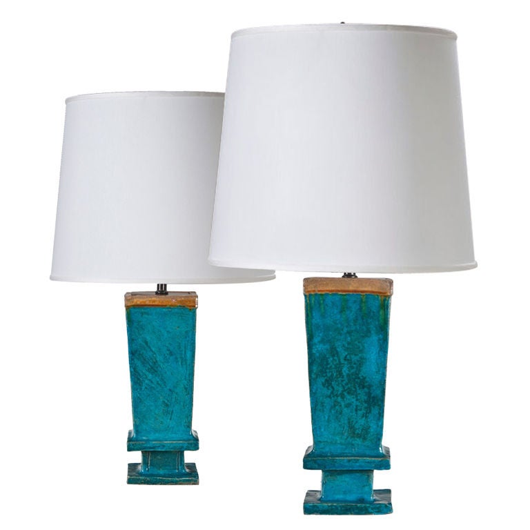 A Pair of Chinese Turquoise and Amber Glazed Vases, Now Lamps