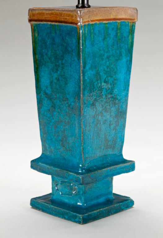 18th Century and Earlier A Pair of Chinese Turquoise and Amber Glazed Vases, Now Lamps