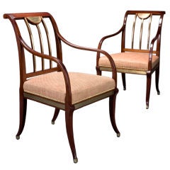 A Pair of Russian Brass Inlaid and Mounted Mahogany Arm Chairs
