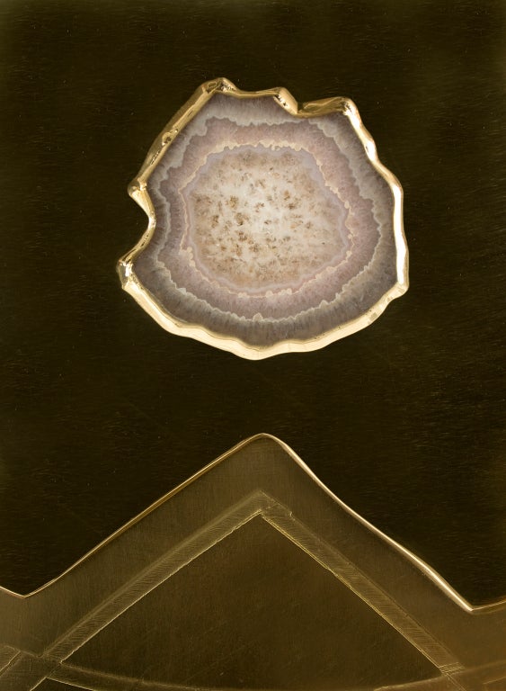 Willy Daro: A Sculpted Brass and Agate Inlaid Mirror In Excellent Condition In New York, NY
