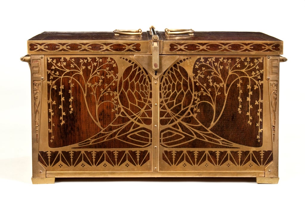 German A Fine and Large Brass Inlaid Rosewood Box by Erhard & Sohne