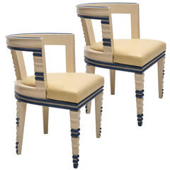 A Remarkable Pair of Italian Art Deco White and Blue Lacquer Armchairs