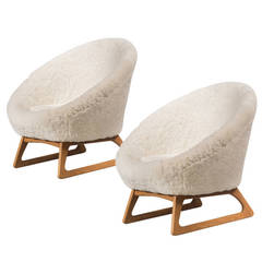 Kurt Ostervig: A Pair of Rare Oak and Fur Upholstered Chairs